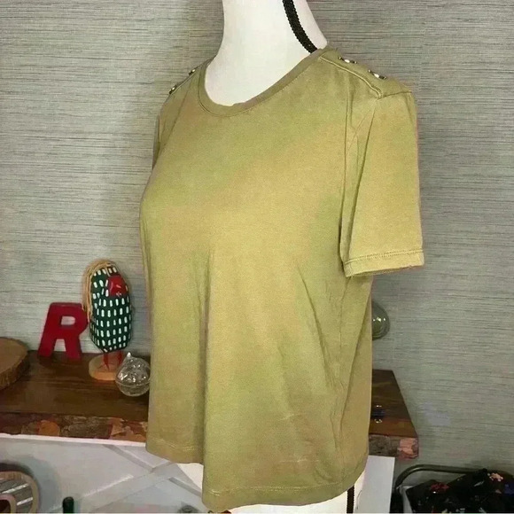 Zara Top Womens Large Short Sleeve Olive Green Metal Shoulder Detail Army Button - Picture 8 of 8